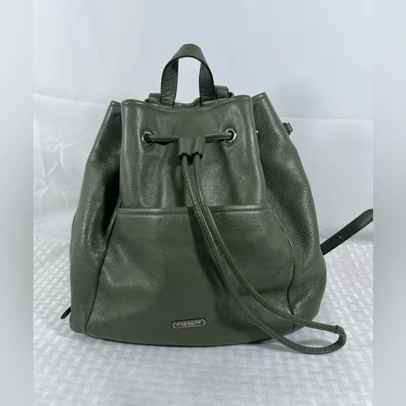 4019: Coach Olive Green Pebbled Leather Drawstring Backpack - Picture 1 of 13